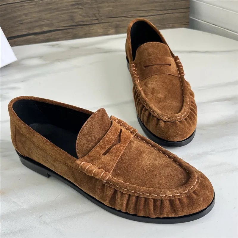 

Women Spring Slip-On Genuine Leather Loafers for Woman's Round Toe Pleated Low Heels Casual Shoes Office Ladies Comfortable Shoe