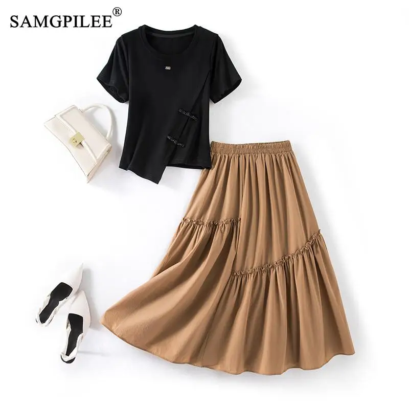 

Summer Outfits For Women 2023 New Knitted Soft Elastic O Neck Short Black T-shirt Elastic Waist Cake Skirt Elegant Woman's Sets