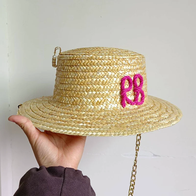 2024 New Summer Straw Hat Women\'s Chain Decoration Handmade Customized Letters Vacation Sun Hat Punk Style gorras para mujer