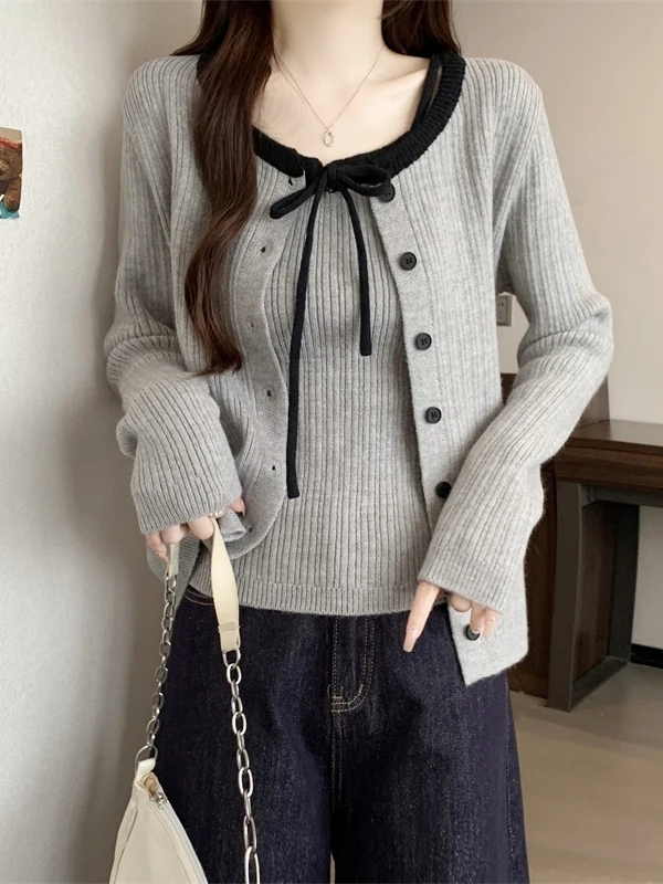 

plus Size Knitted Pure Desire Style Set Early Autumn Color Block Slim Fit Strap Top Knitted Open Cardigan Women's Top