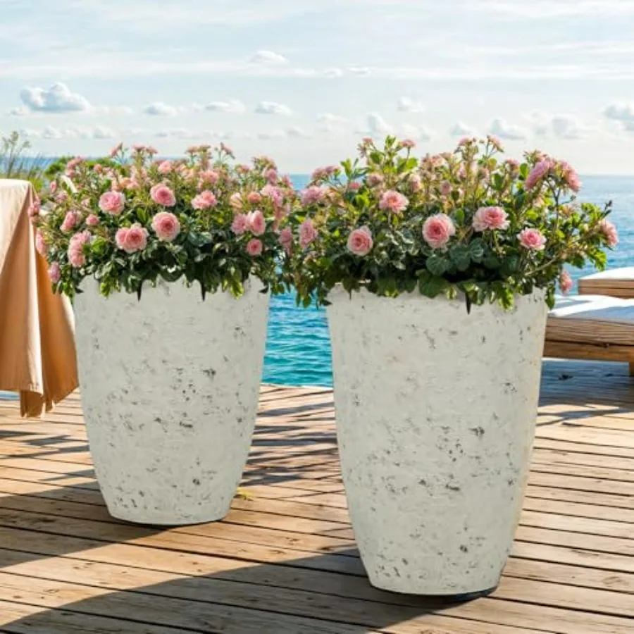 Outdoor resin tall planters, country white, handmade birch bark texture, heavy-duty and weather-resistant for year-round indoor