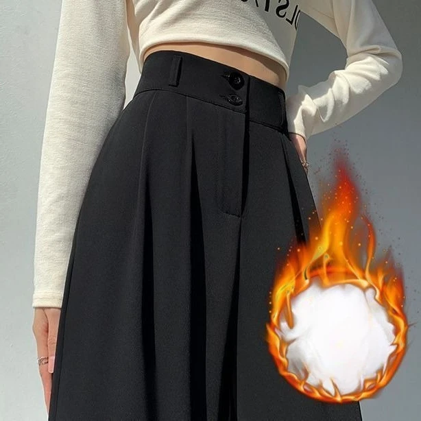 الشتاء المرأة عالية الخصر بنطال ذو قصة أرجل واسعة صوف مبطن بنطلون مستقيم فلوي مصممة مكتب عادية زر مزدوج #1