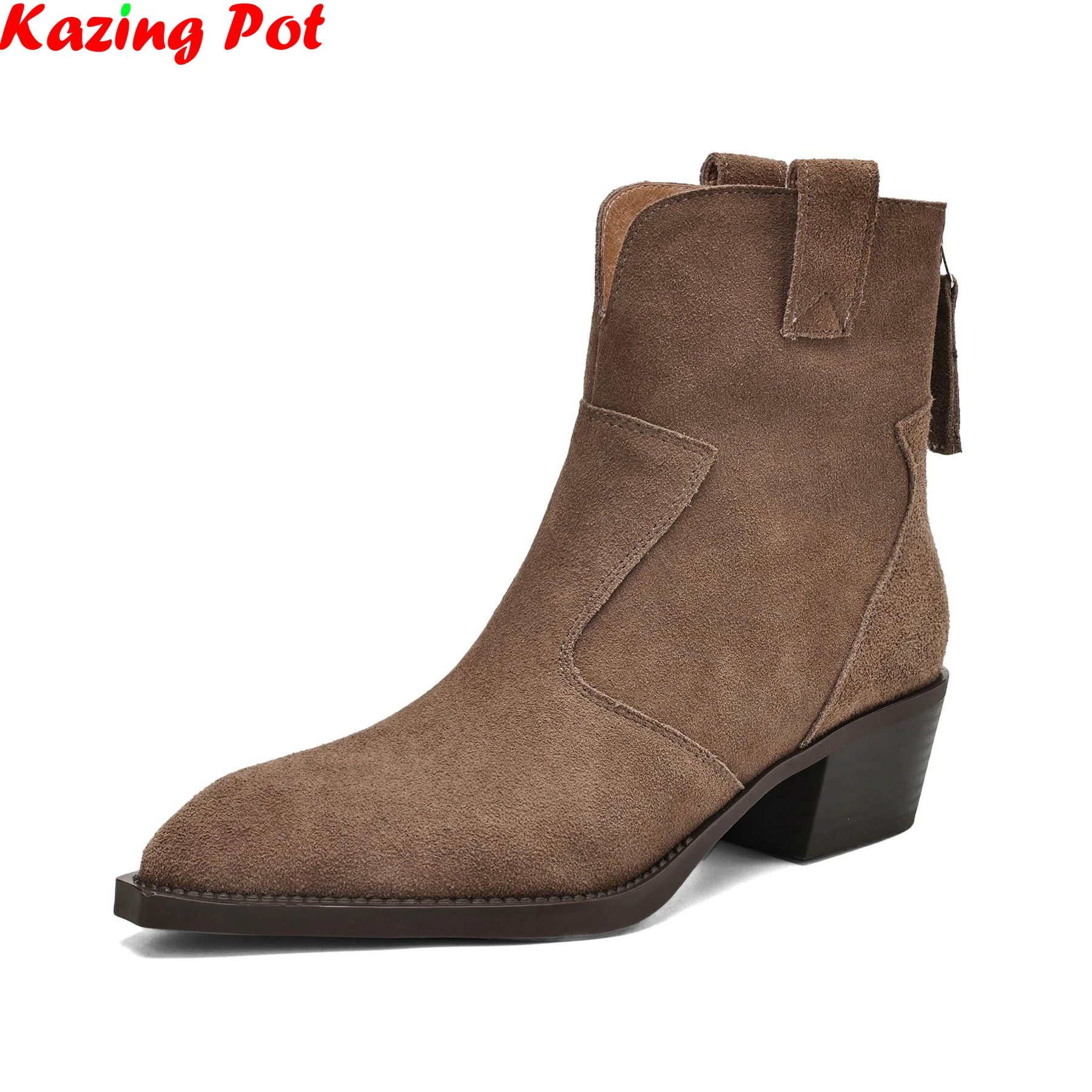

Plus Size 34-41 Cow Suede Pointed Toe Zipper Med Heels Retro Modern Motorcycles Boots Warm Winter Shoes Casual Brand Ankle Boots