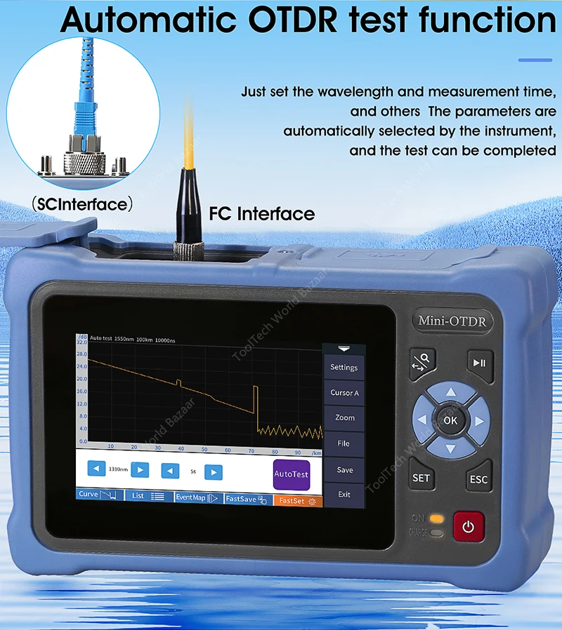 Maxgeek AUA800U UPC / AUA800A Porta APC Multifunzionale Mini OTDR Riflettometro ottico nel dominio del tempo 100KM Touch screen da 4,3 pollici