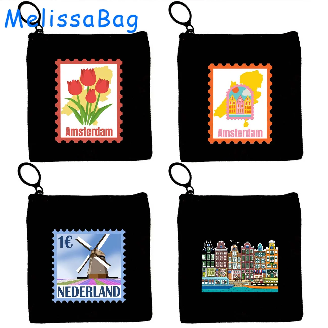 

Amsterdam Canal Houses Skyline Landmark Netherlands Windmill Holland Souvenir Canvas Coin Purse Key Case Bag Wallet Zipper Pouch