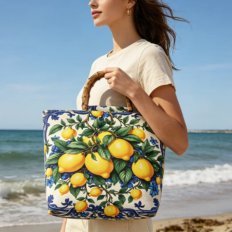 Blaue und weiße Damen-Tragetasche mit Porzellanmuster und Zitronenmotiv, Kunstbambusgriff, große Kapazität, Pendler-Tasche – Detail 8