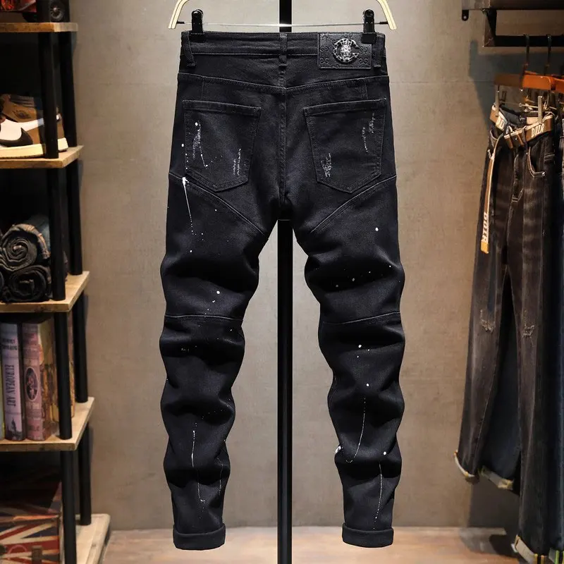 Men Black Jeans Splash Paint Spot Ripped Patch Distressed Washed Stretch Slim Fit Hip Hop Streetwear Denim Jeanshombre