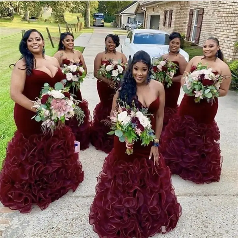 

Burgundy Bridesmaid Dresses Sweetheart Neckline Ruched Ruffles Mermaid Floor Length Maid of Honor Gown Country