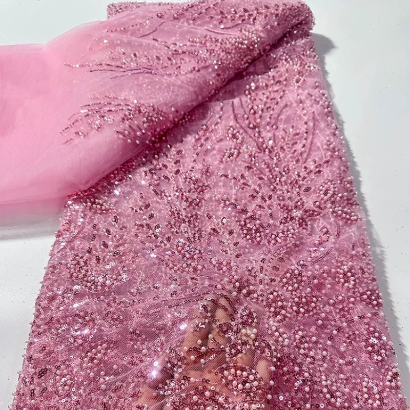 

Luxury Retro Beaded Tube Embroidery Fabric Sequin Floral Pattern Mesh Cloth for Wedding Dresses Evening Gown Fabrics By The Yard
