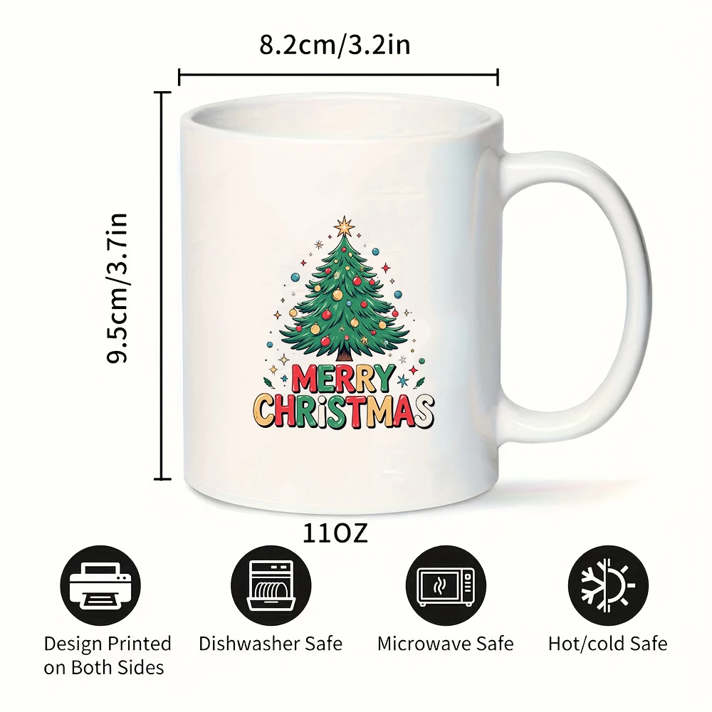 11オンスカップ 漫画のクリスマスツリーテーマ メリークリスマスの文字 カラフルなボールのアクセント お祭りムードのカップ 家族オフィス