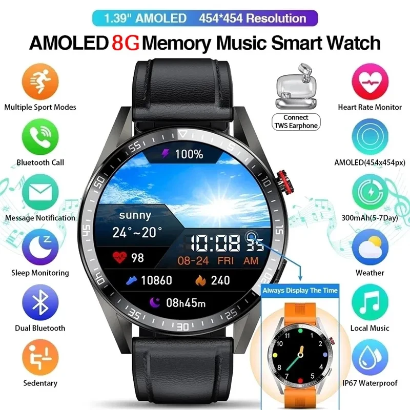 Watches 8G RAM 454*454 AMOLED SmartWatch Men Always Display The Time Bluetooth Call Local Music Smartwatch For Android ios Clock