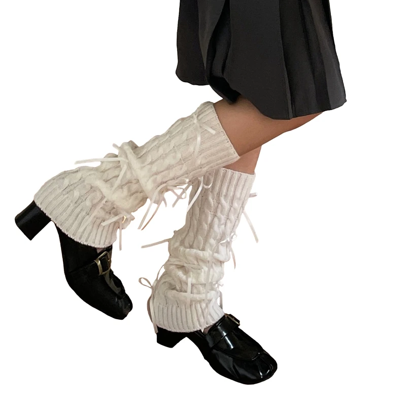 Women Knit Leg Warmer Sweet Bow Calf Cover Boot Socks Streetwear for Daily Party