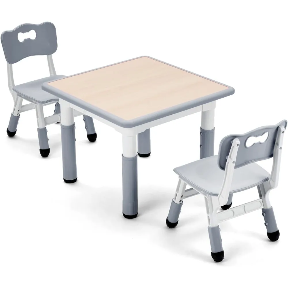 

- Kids 23""x23"" Three Piece Study Table and Chairs Set, Height Adjustable Plastic Children Art Desk with 2 Seats, Kids Multipu