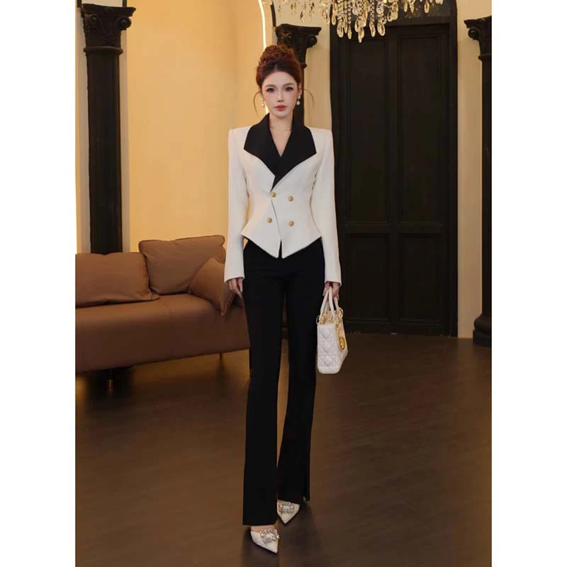 Slimming Minimalist Workwear Two-Piece Set with Jacket And Pants for Women Elegant Splicing Design Autumn Collection