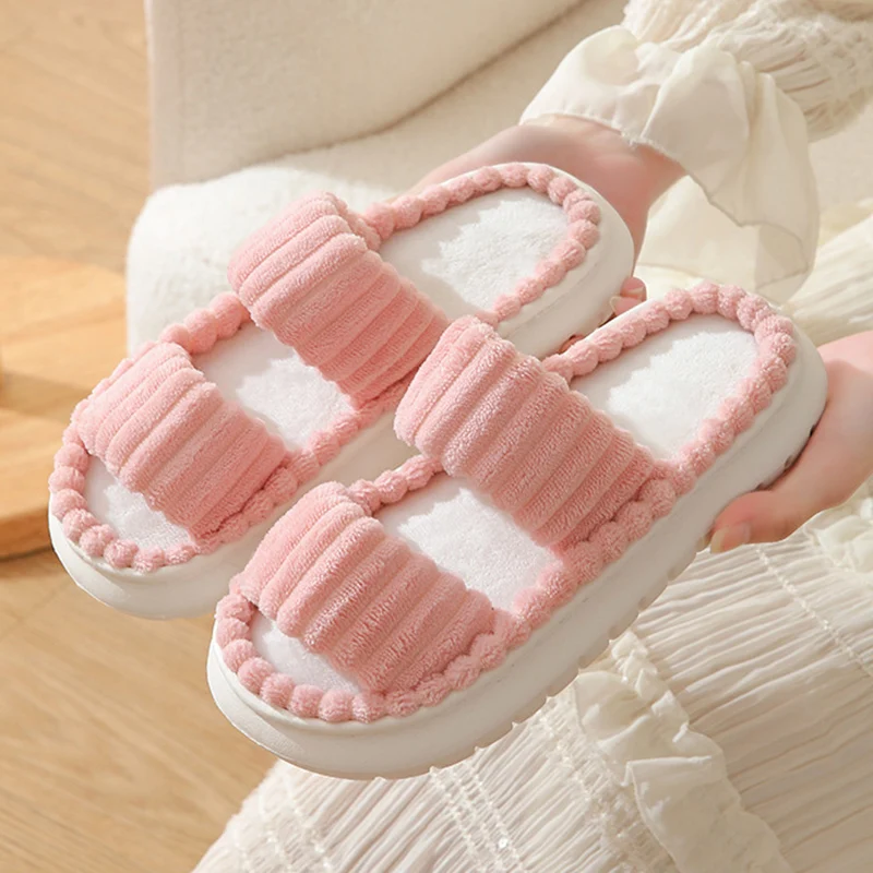 Double Straps Plush Platform Slippers Women Solid Color Non Slip Comfy Cotton Shoes Woman Fashion Corduroy Indoor House Slippers image 3