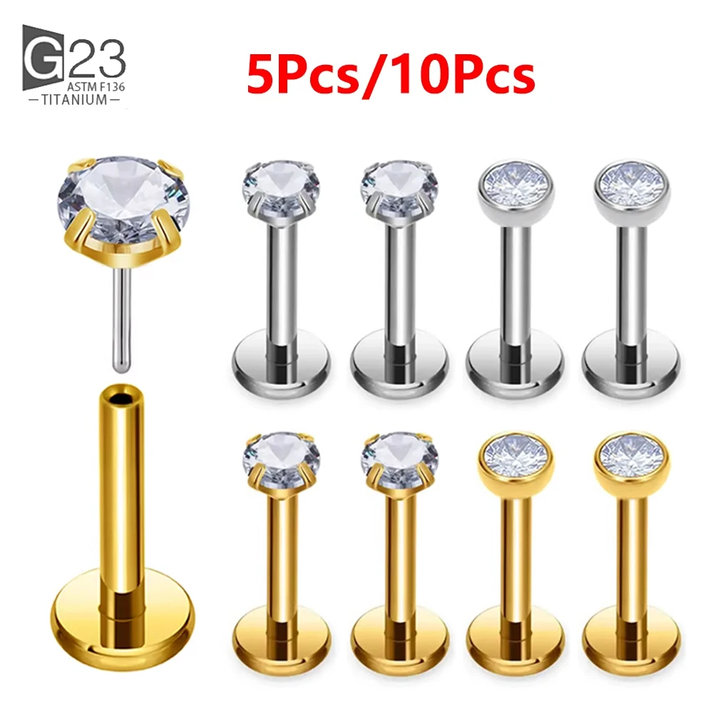 5/10Pcs G23 ASTM F136 Titanium 18G/16G Push Pin Labret Stud CZ Chrząstka Kolczyk Helix Tragus Nose Stud Piercing