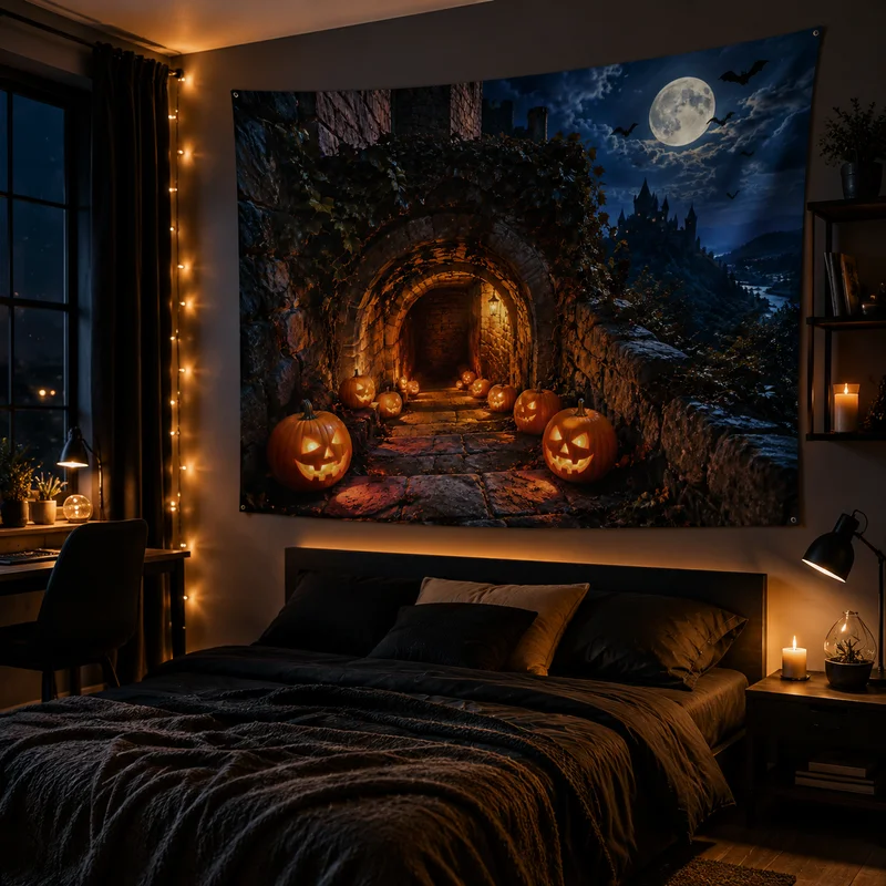VIKAMA Halloween Stone Arch Tunnel Tapestry, Jack-o'-Lanterns, Flock of Bats, and Gothic Fortress Wall Hanging Decoration