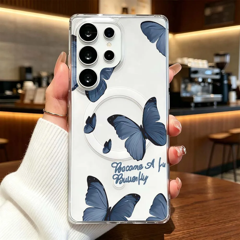 Retro Butterfly pattern Phone Case For Samsung Galaxy S26 S25 S24 S23 S22 Ultra FE Plus A56 Transparent Magnetic Cover