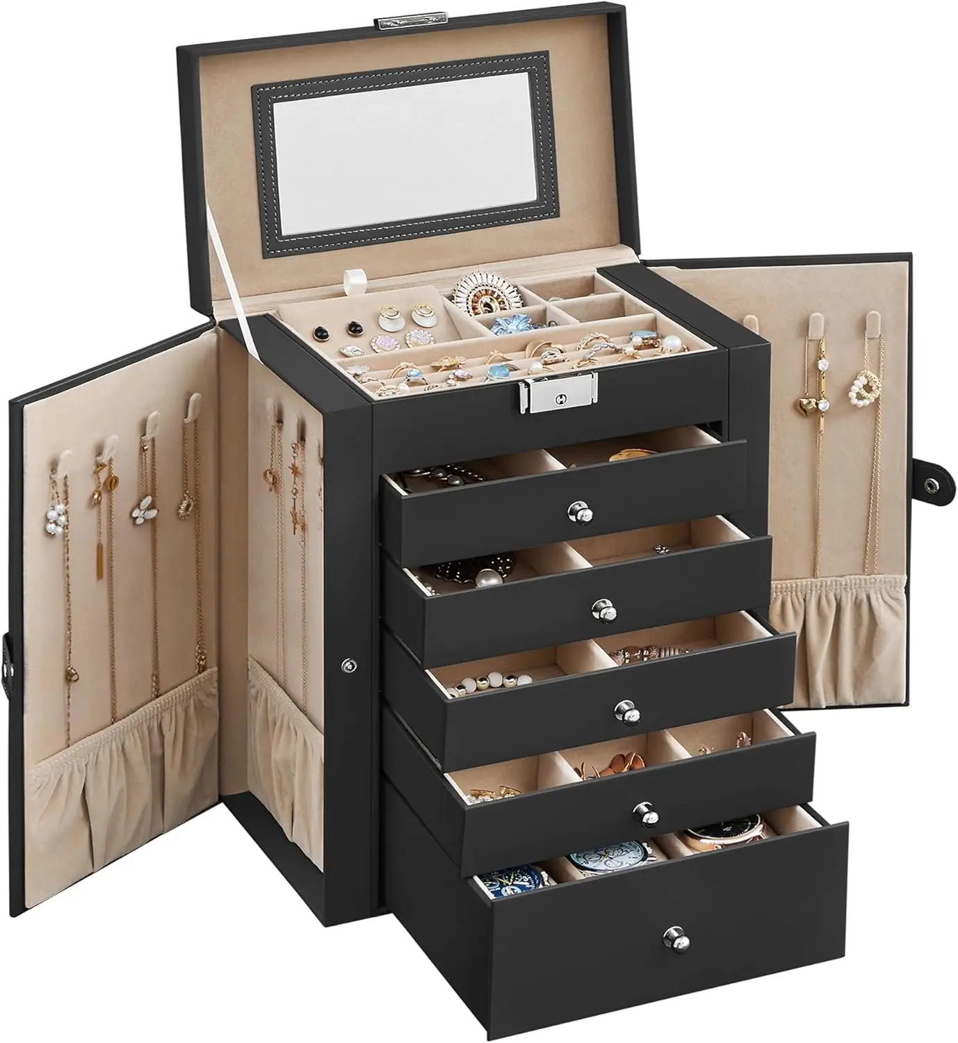 

6-Layer Jewelry Box with Lock, Mirror, and 5 Drawers for Necklaces and Watches - Large Storage Capacity, Ideal Gift