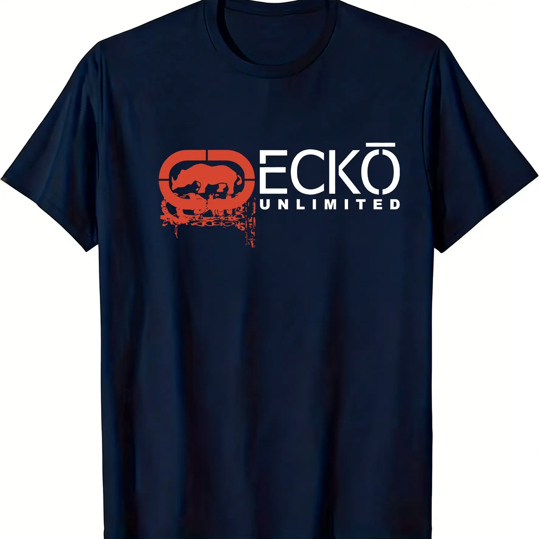 Men Ecko Distressed Grunge Split Oval Rhino Combined Letter Tee Unlimited Slogan Retro Hip Hop Cotton Short Sleeve