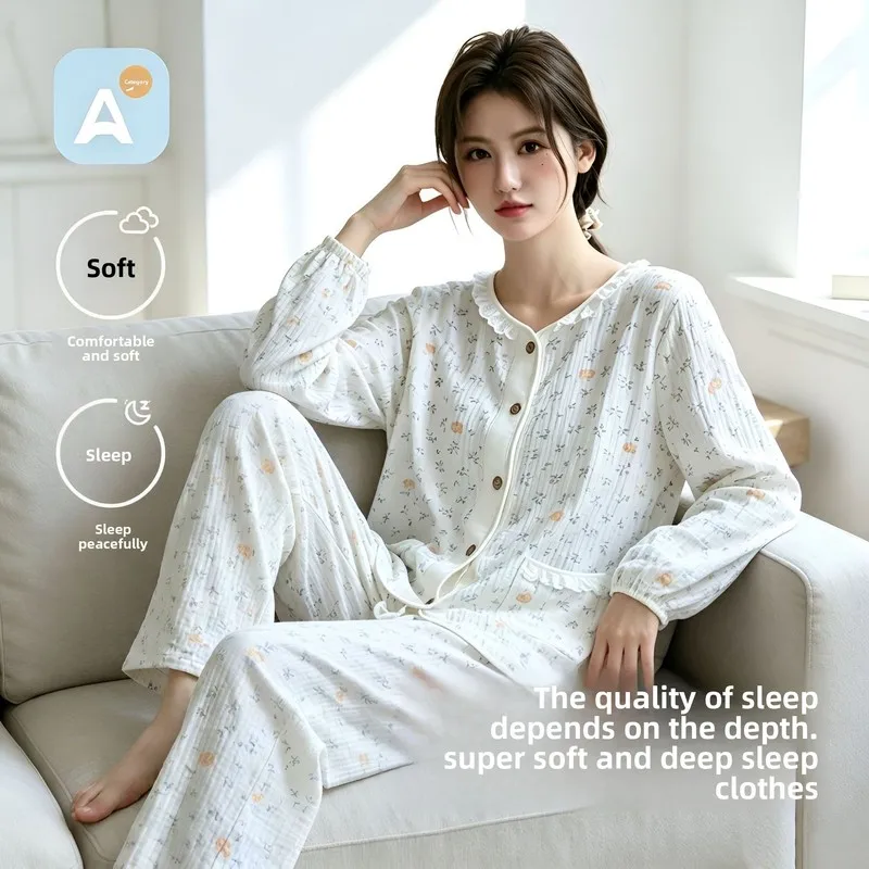 Pastoral Floral Print Women‘s Double Gauze Cotton Pajama Set, Lightweight Long Sleeve & Relaxed Fit, Breathable Versatile Spring