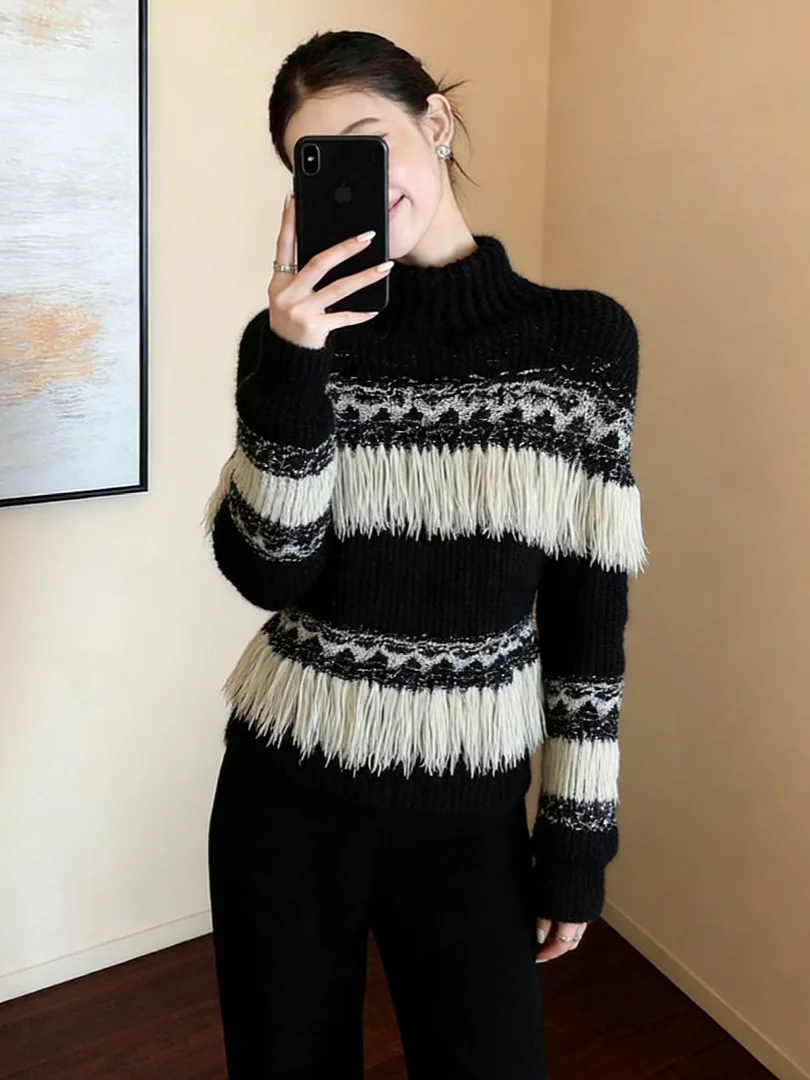 

Уникальный вязаный свитер в стиле колор-блок, корейский стиль, зимняя мода, повседневная свободная одежда, средней толщины, утепленный трикотаж