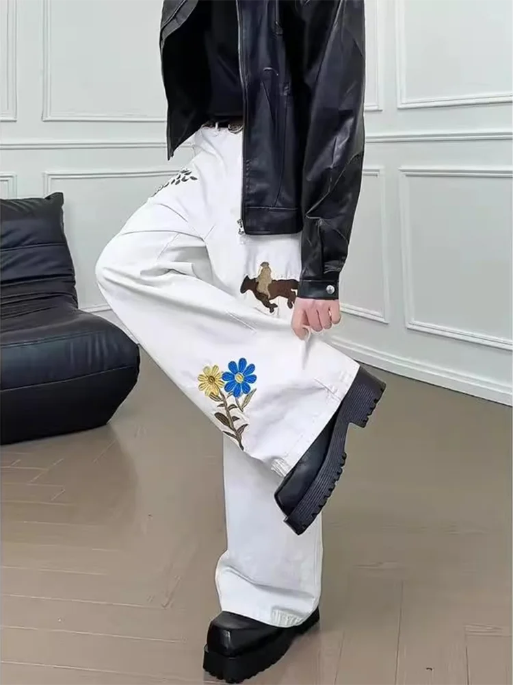 

Мужские джинсы прямого кроя с вышивкой цветов, свободные повседневные длинные брюки в американском стиле, весна-осень, уличный стиль
