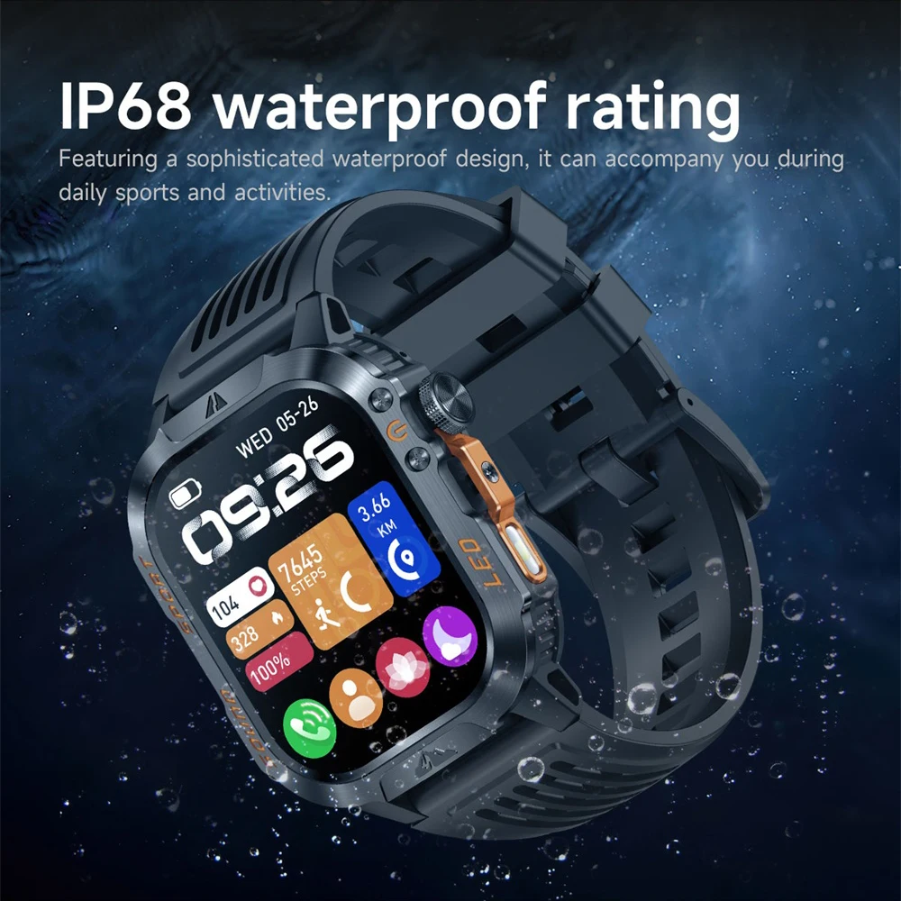 

Смарт-часы 2026 с компасом, водонепроницаемые IP68, с LED-фонариком, часами, аккумулятором 1200 мАч, для здоровья и активного отдыха, с изогнутым HD-экраном, функцией звонков по Bluetooth