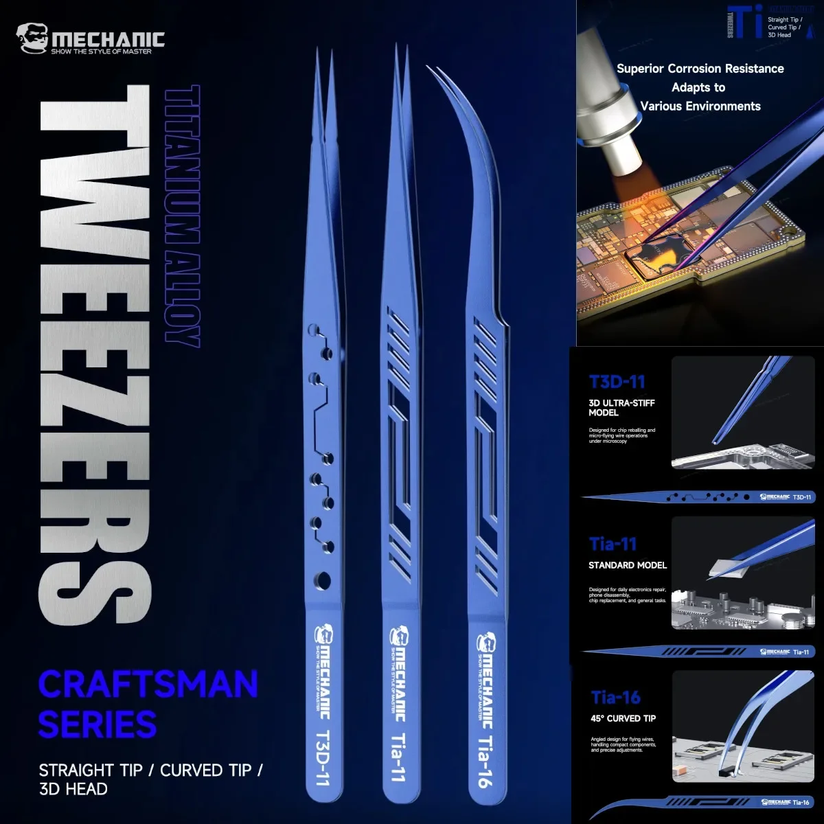 MECHANIC Curved Straight 3D Ultra-Stiff Tip Tweezers Anti Corrosion Tweezers for Chip Motherboard Micro Reballing Repair