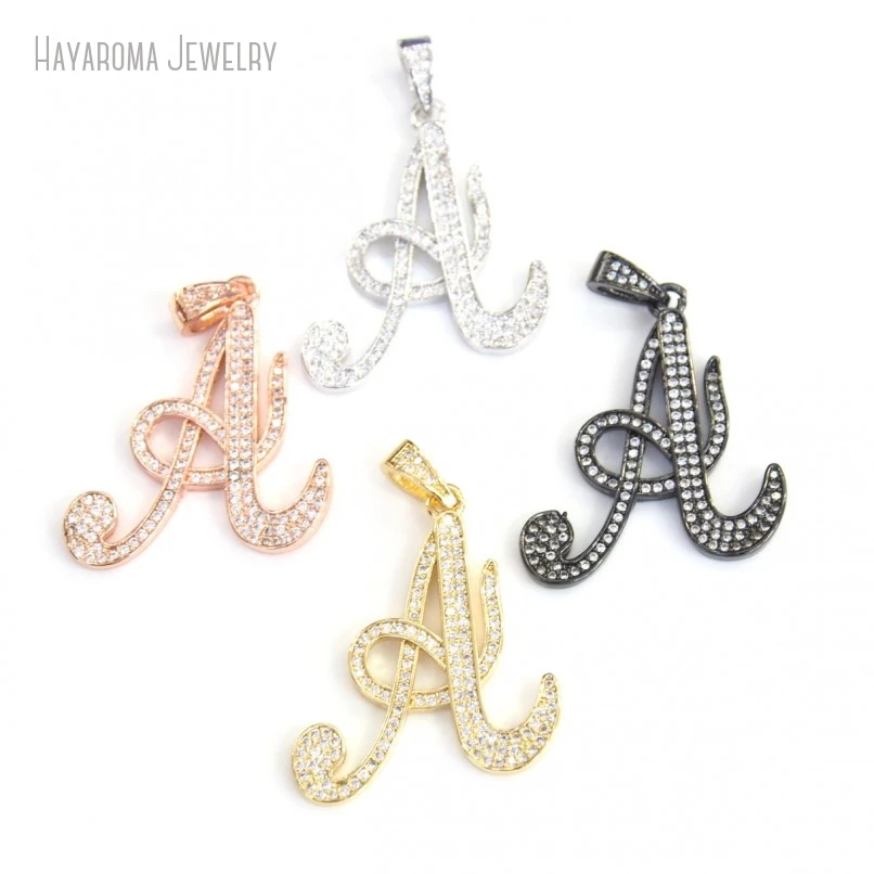 10Pcs Invisible Setting Jewelry Wholesale A  Alphabet Letter Metal Clear Cubic Zirconia Black Pendant PM17887