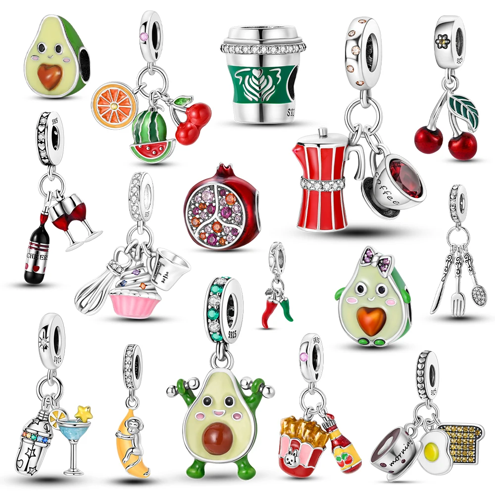 925 encantos de prata comida fruta abacate bolo cereja contas caber pulseira original charme pingente diy feminino jóias presente