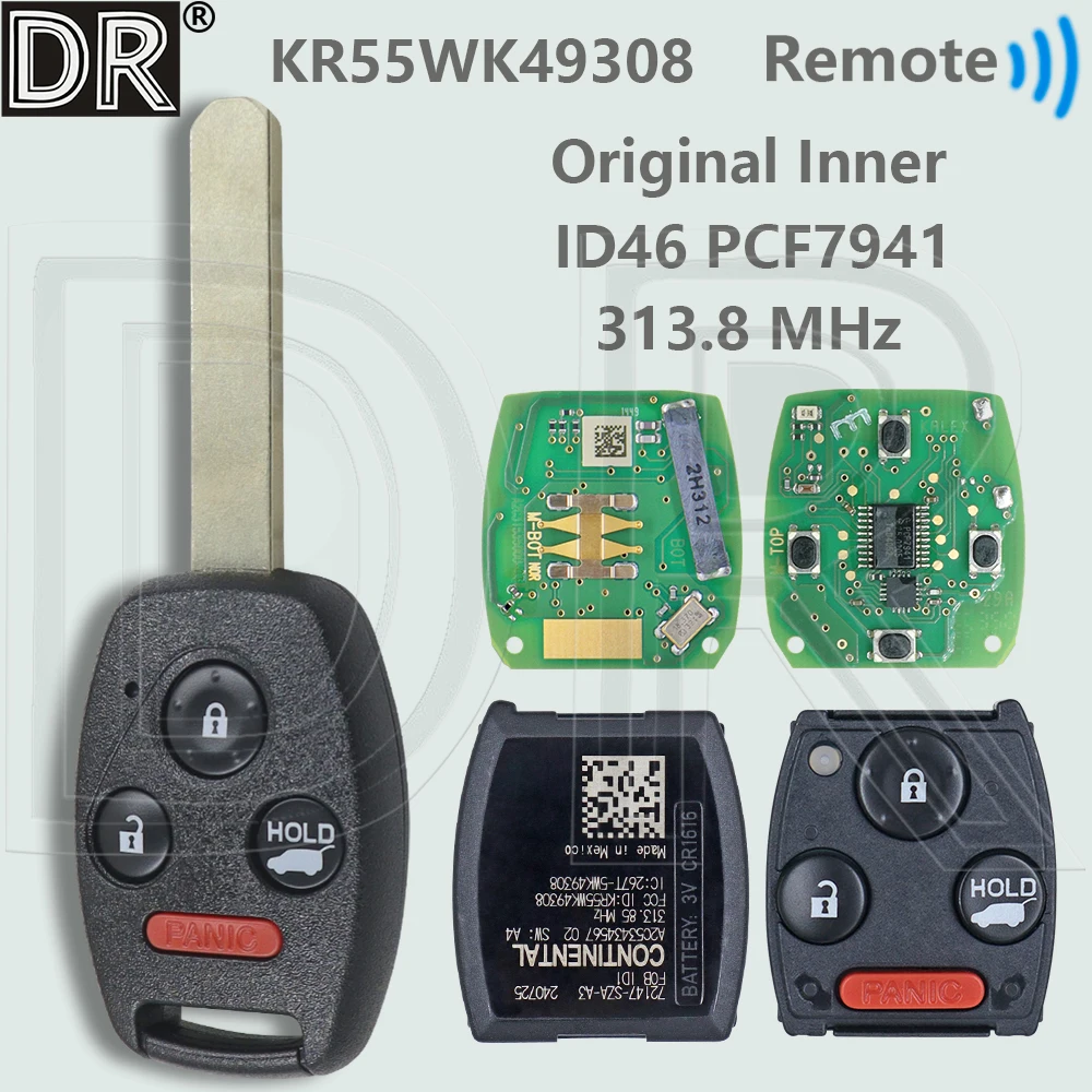 

DR Original Inner KR55WK49308 ID46 PCF7941 313.8MHz Car Remote Control Key For Honda CRV Accord Pilot Civic 2008-2015