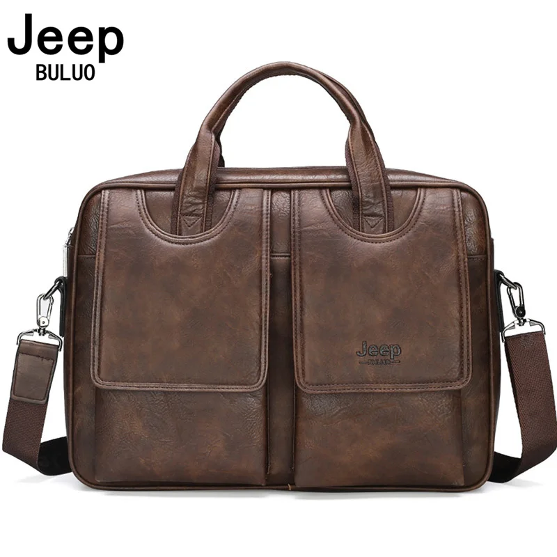 JEEP BULUO Men\'s Bags split leather Briefcase Travel Case Easy to Carry Multifunctional Large Space Handbag 14-inch Computer Bag