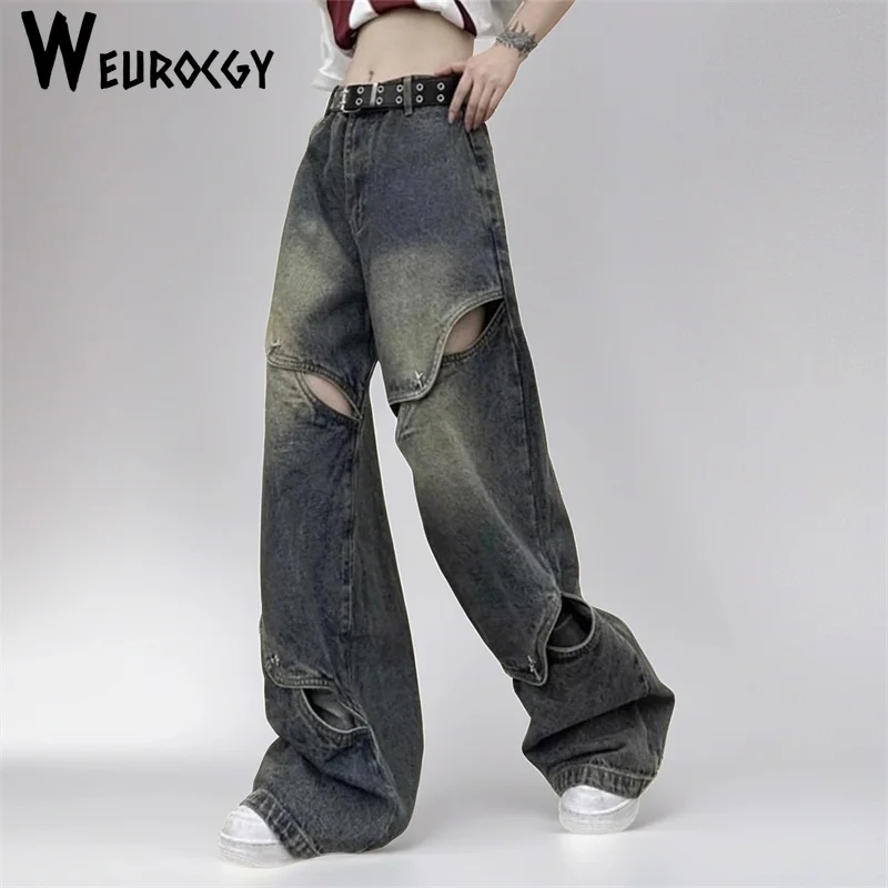 Women Pants New Style Ragged Splicing Washed Hollow Jeans Y2K American Retro Gothic Style Casual Loose Casual Wide-leg Pants