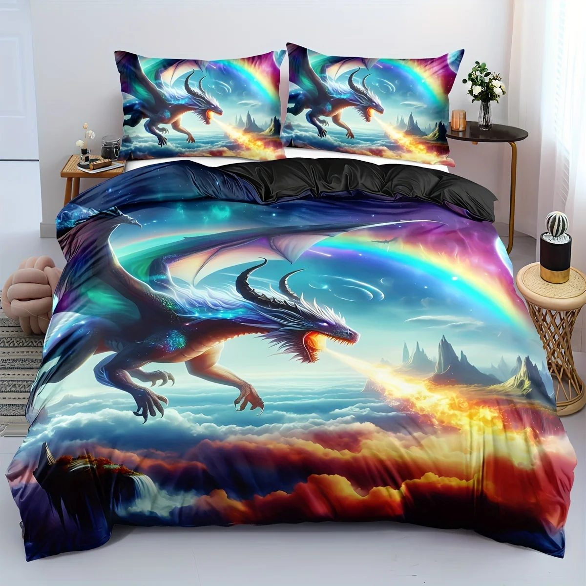3pcs Colorful Dragon Print Duvet Cover Set  Soft And Comfortable bedding for Decorating Men'S And Women'S Bedrooms