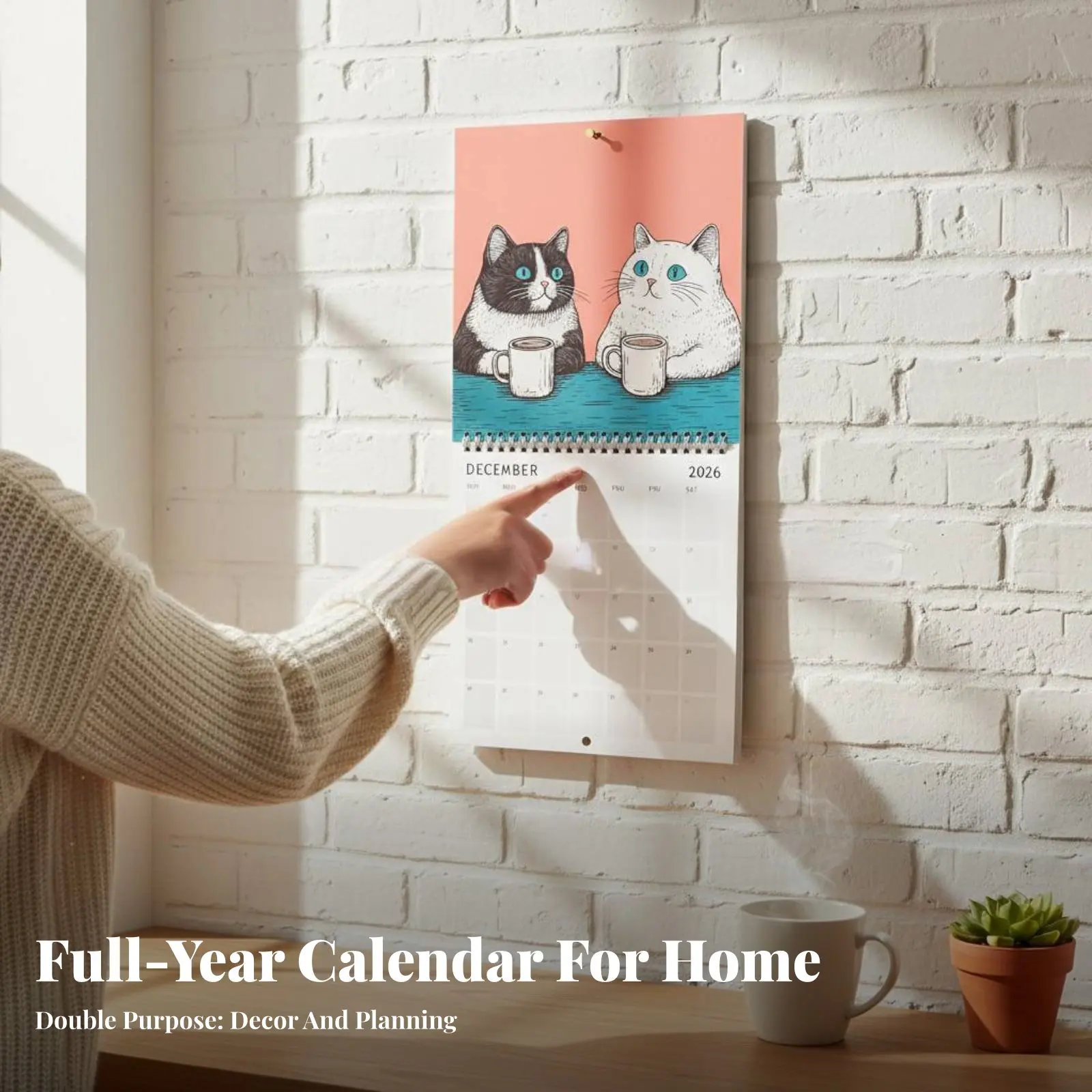 

Chillin Felines with Coffee 2026 Wall Calendar, Cute Cartoon Cat Theme, Home Decor