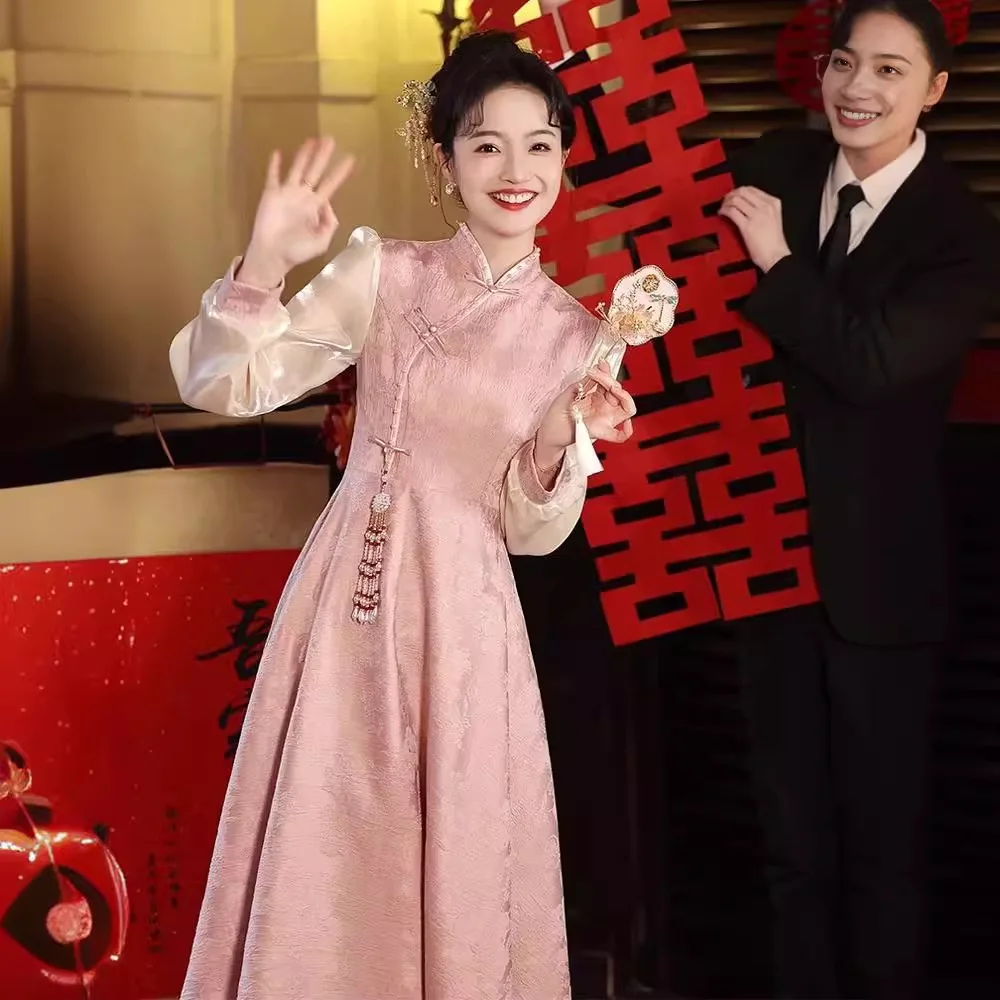 

Ele Long Qipao Dr for Bridesmaid And Wedding Ceremony Pink Slimming Chinese Sle Dr with Drunken Toast