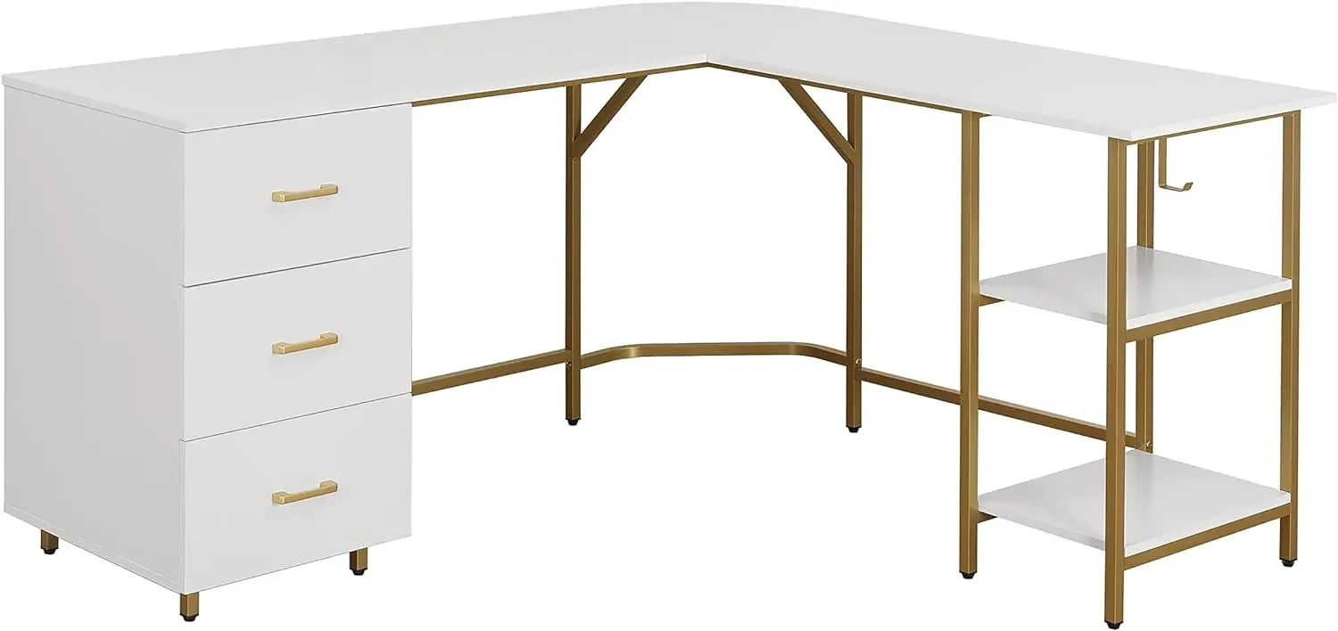 Bureau en forme de L, deux tons, bureau d'ordinateur avec étagères de rangement, meubles modernes simples, espace de bureau à domicile, table d'angle