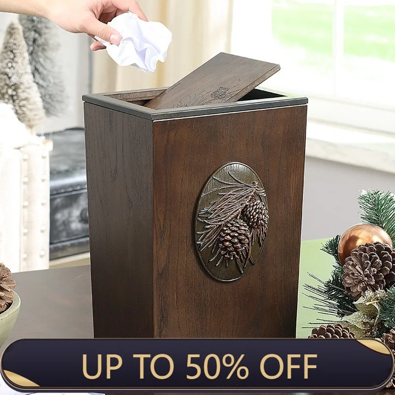 Wooden Waste Bins Shake Cover Trash Can Living Room Paper Drying Food Disposal Wastebasket Home Cleaning Organizer Utensils