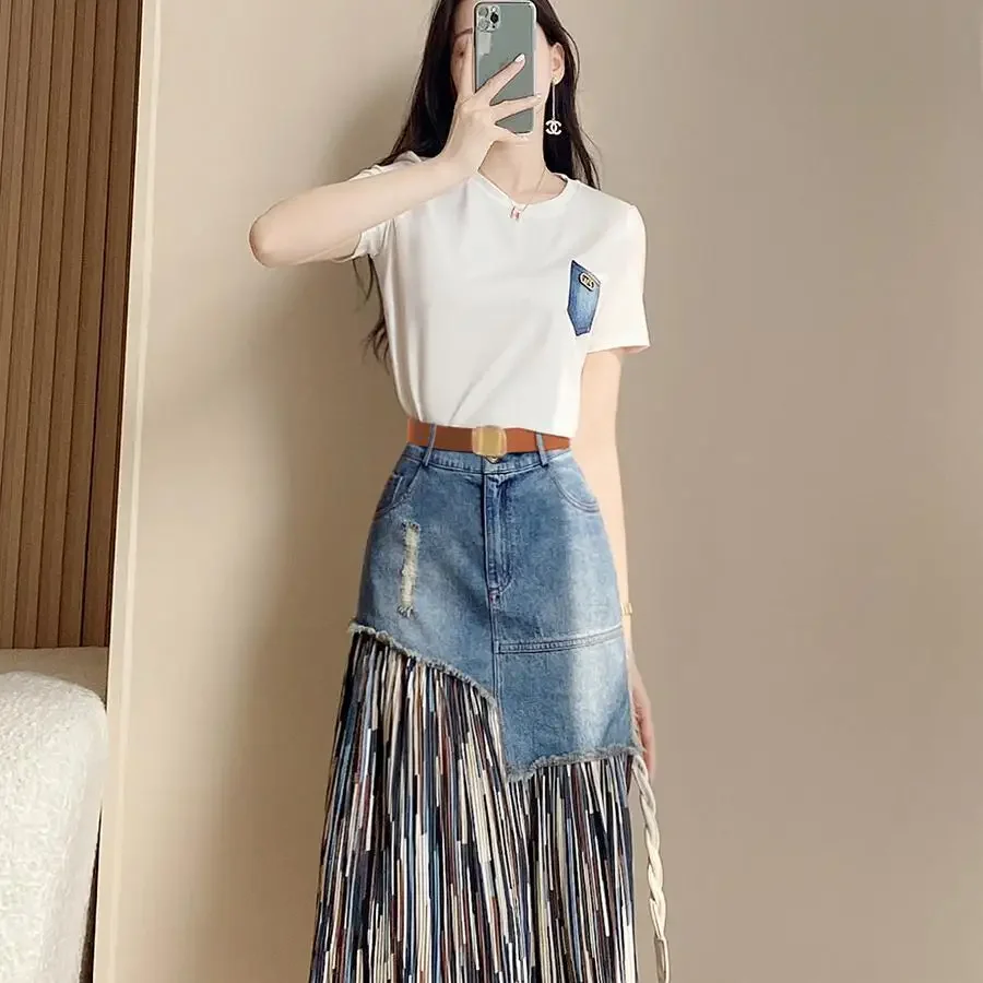 Female Jeans Skirts Midi Patchwork Zipper Long Women\'s Denim Skirt High Waist with Pocket Maxi Korean Fashion Streetwear Casual