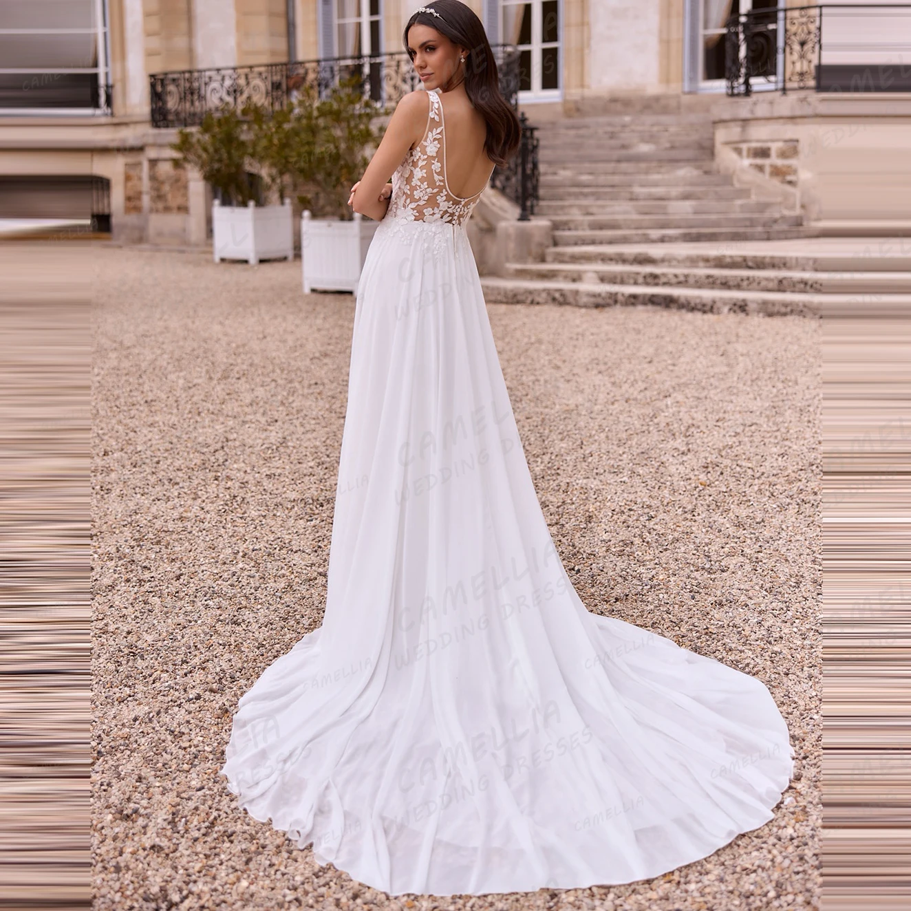 Elegante renda vestidos de casamento feminino uma linha sem mangas chiffon decote em v sem costas vestidos de noiva novia festa personalizada