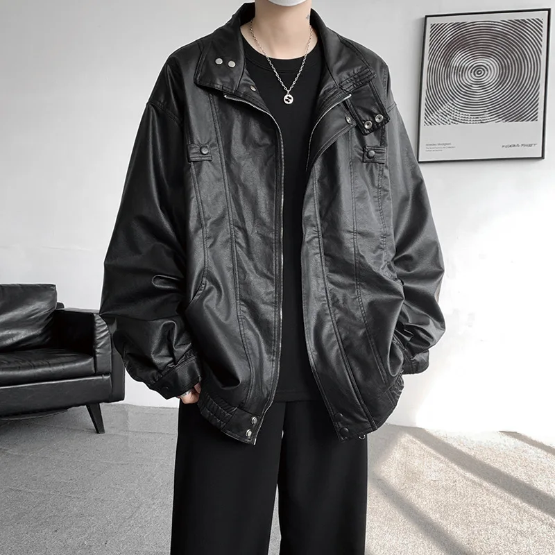

Fashion Casual Streetwear Multi Pocket Trend Outwear New Motorcycle Leather Jacket Men Bomber Pilot Retro Loose Pu Short Coat