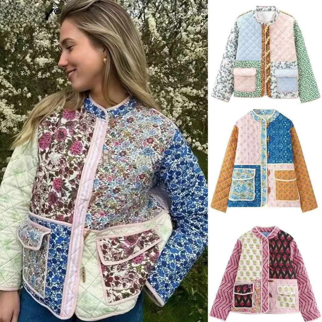 

Cross-Border Women's Cotton Jaet Autumn Winter New Sle Multi-Color Street Faion Print Splicing ort Outerwear