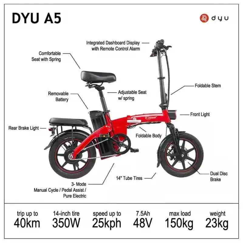 

CAMORO DYU A5 EU Fast Shipping Stock Electric Bike China Two Wheel E Scooter For Bicycle Motor 48V 250W 14Inch Folding Ebike