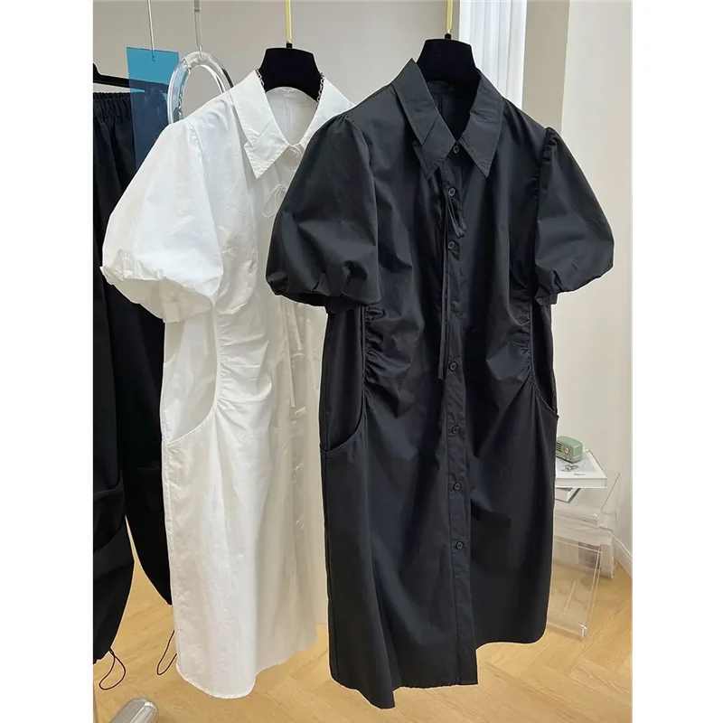 女性 2026 夏シャツドレスファッションルーズカジュアルバブルスリーブ白ダークブルー半袖スカートドレス女性