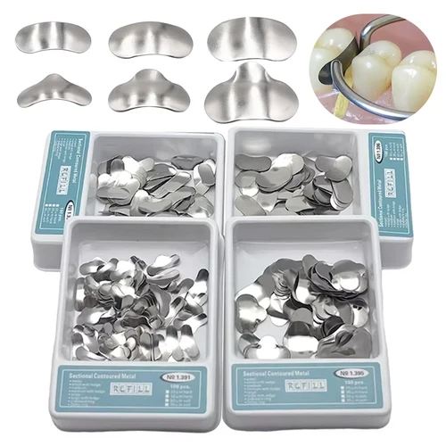 Kit de banda de matrices contorneadas seccionales de matriz Dental, anillos de Metal, materiales de matriz de odontología, formación de ortodoncia, 100 Uds.