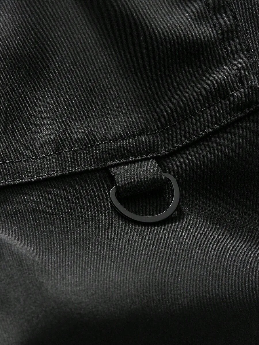 Men's Casual Loose Fit Short Sleeve Woven Black Shirt, Fashion Plain Urban Boxy Shirt, For Friends