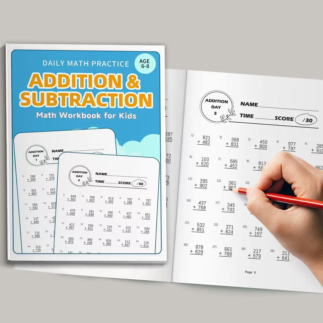 Children's addition and subtraction math workbook for 6-8 years old daily timed arithmetic practice early learning math workbook