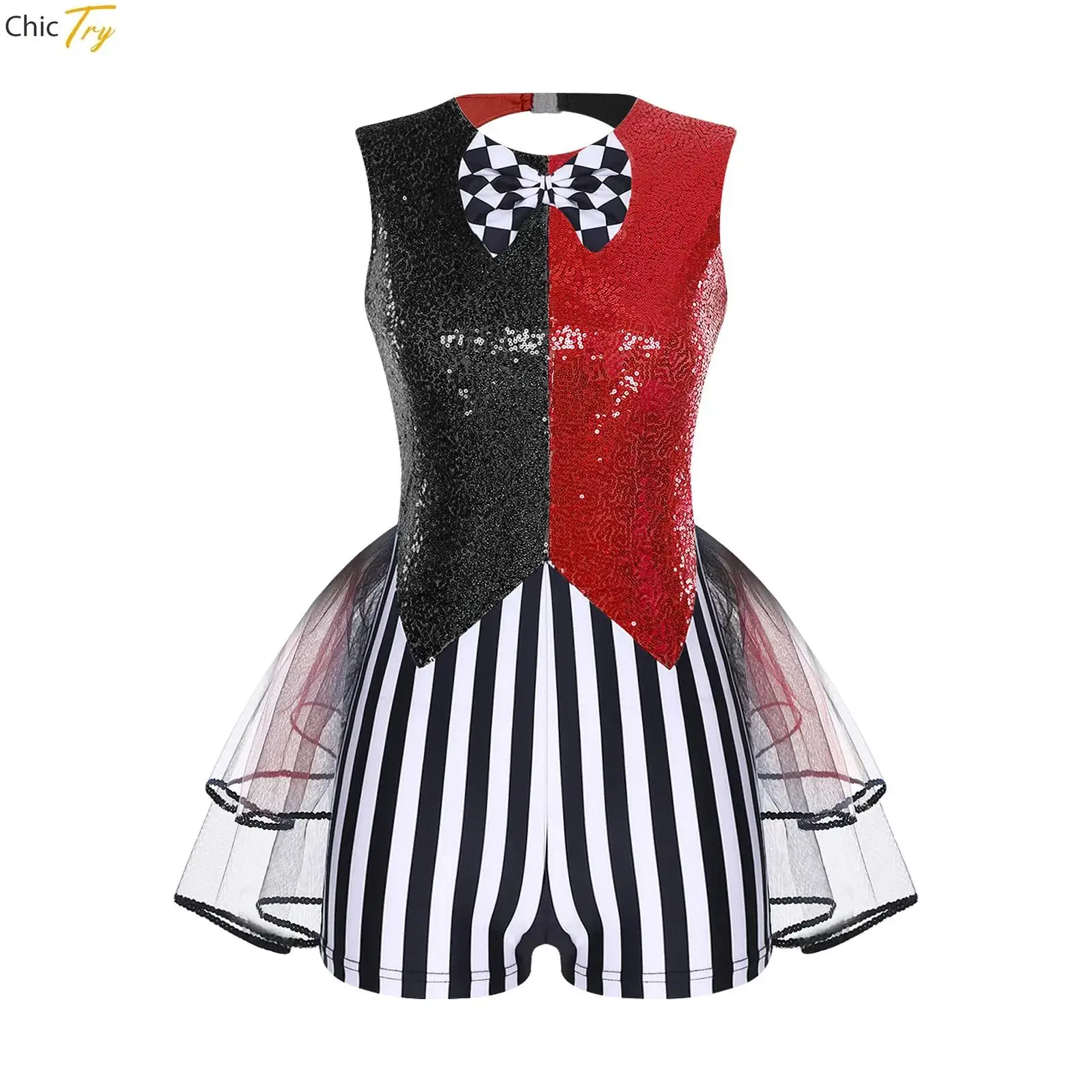 Women Mad Clown Costume Halloween Cosplay Jumpsuit Jazz Ballet Dance Dress Sequin Tiered Tulle Bodysuits Rompers with Bowtie