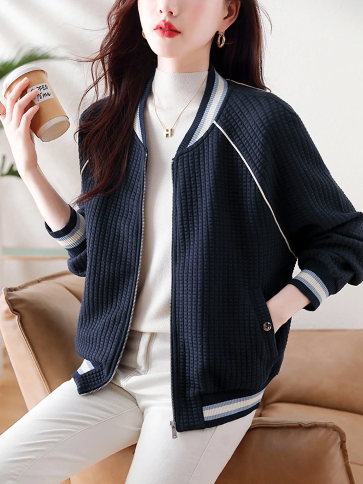 

Faionable Casual Bubble Jaet Women's Spring Autumn Loose Versatile Label Removed Outerwear Zipper Closure Long Sve Pol...